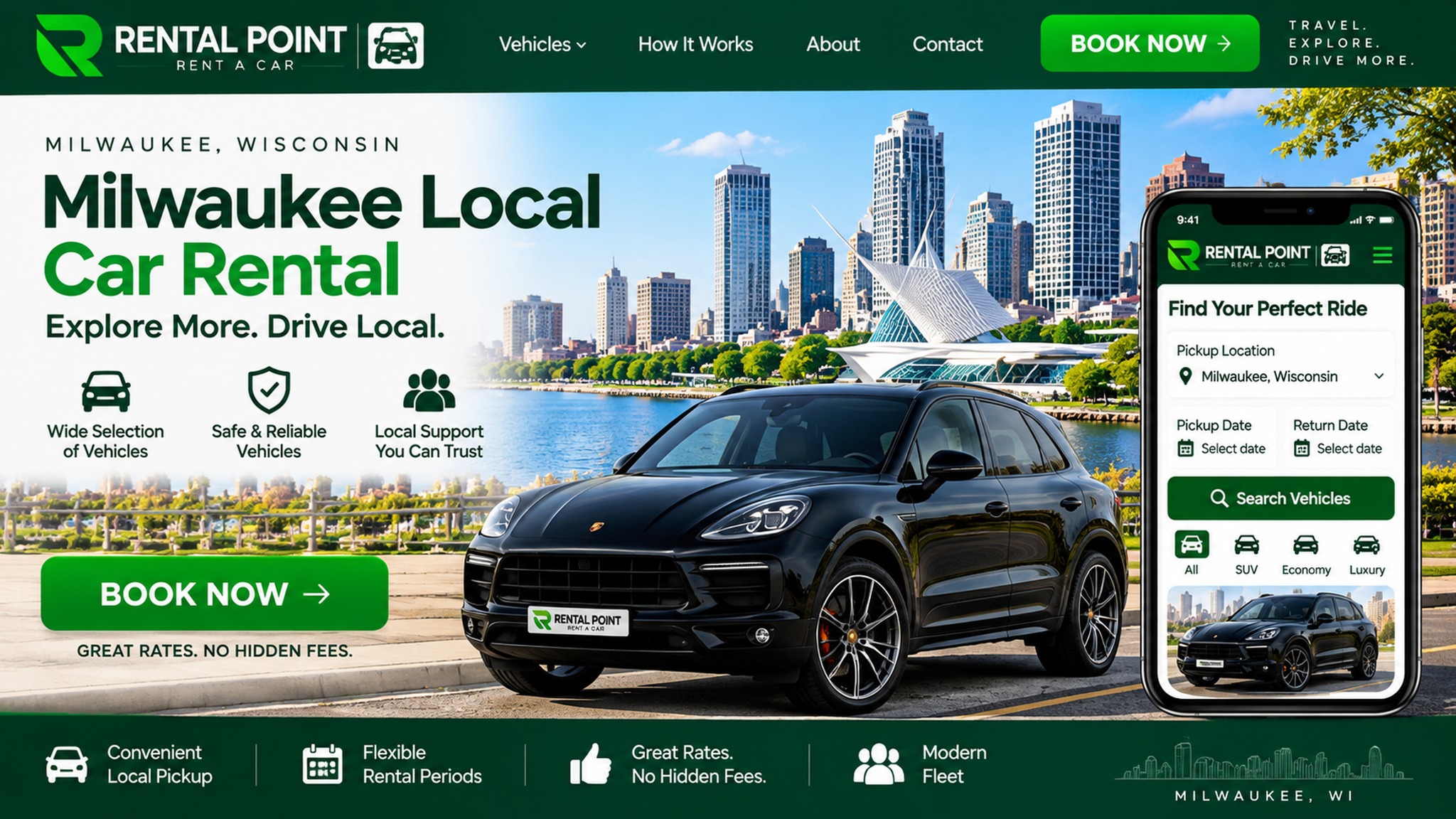 Rental Point Milwaukee local car rental with a city waterfront and SUV